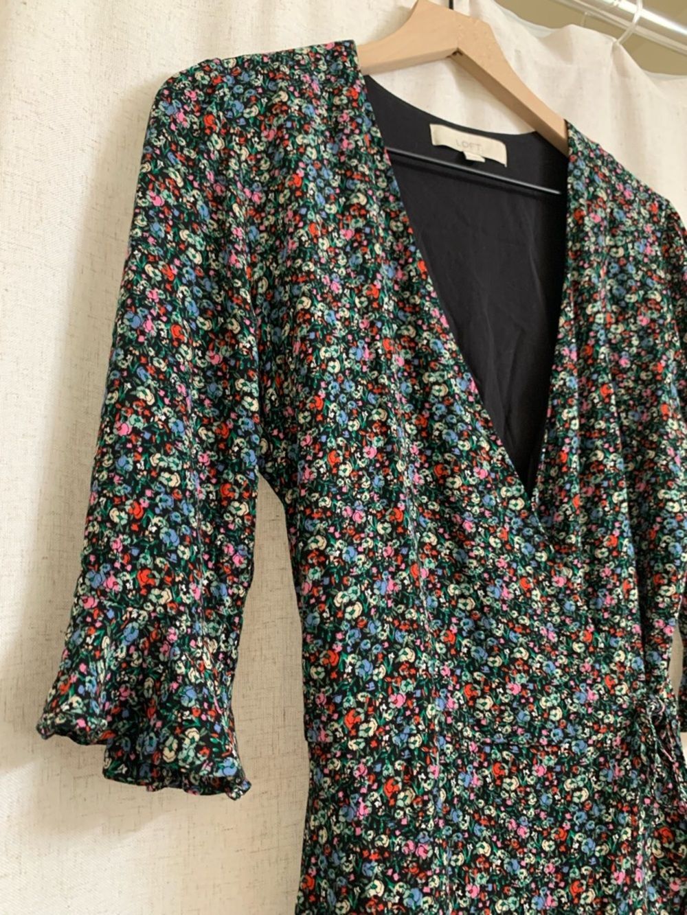 LOFT Black Floral Wrap Mini Dress Romper with Shorts Multicolor Blossoms XS - Picture 3 of 9